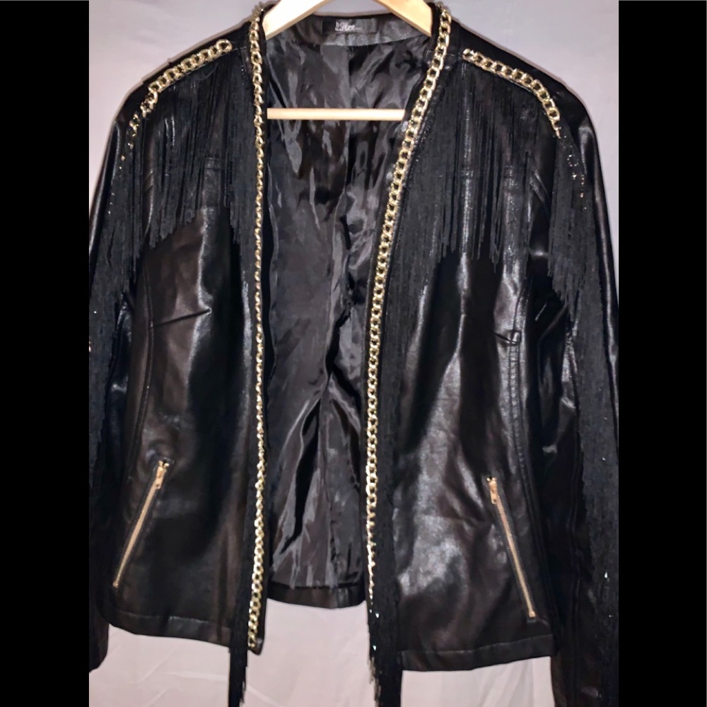 Black Leather Jacket with Gold  Chain and Tassels